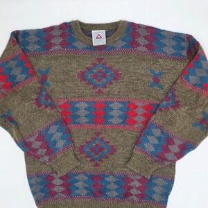 Peter Jon Clothing Men's Geometric Pattern Crew Neck Sweater‎ Olive Red Blue